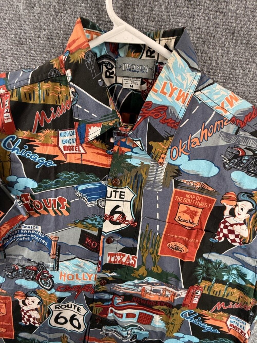 High Seas Trading Shirt Men Medium Hawaiian USA Made Travel Route 66 Road Trip